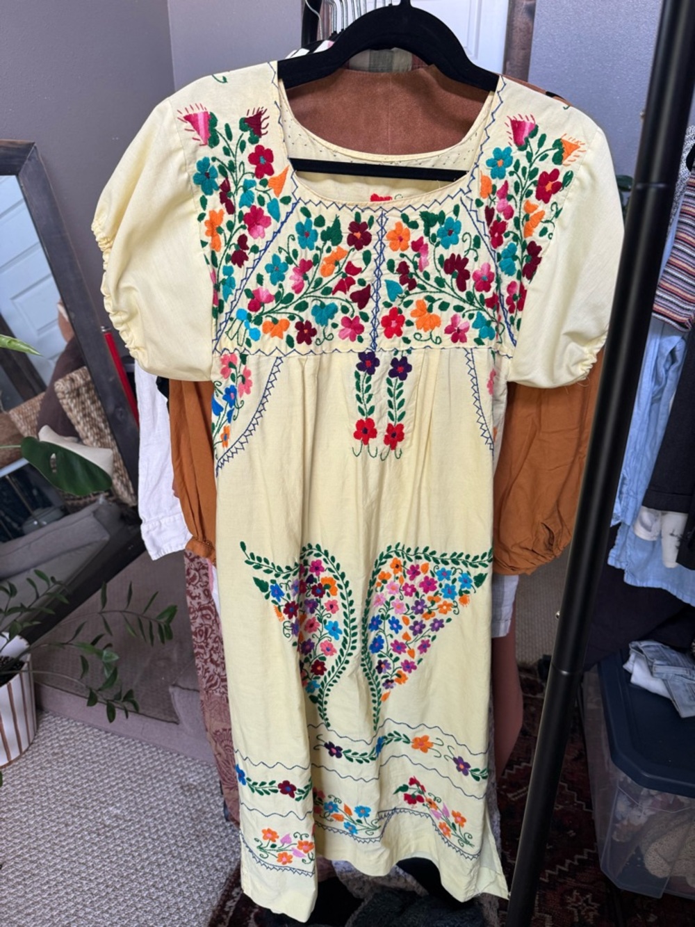 Hand-Embroidered Floral on Butter Yellow Mexican Wedding Dress Huipil, M